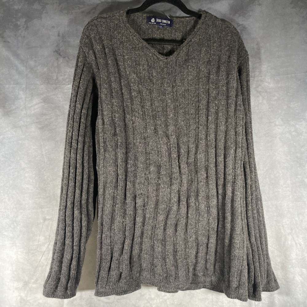 100% Pure New Wool Ribbed Knit Grey Pullover Sweater Sz Large Fisherman V-neck